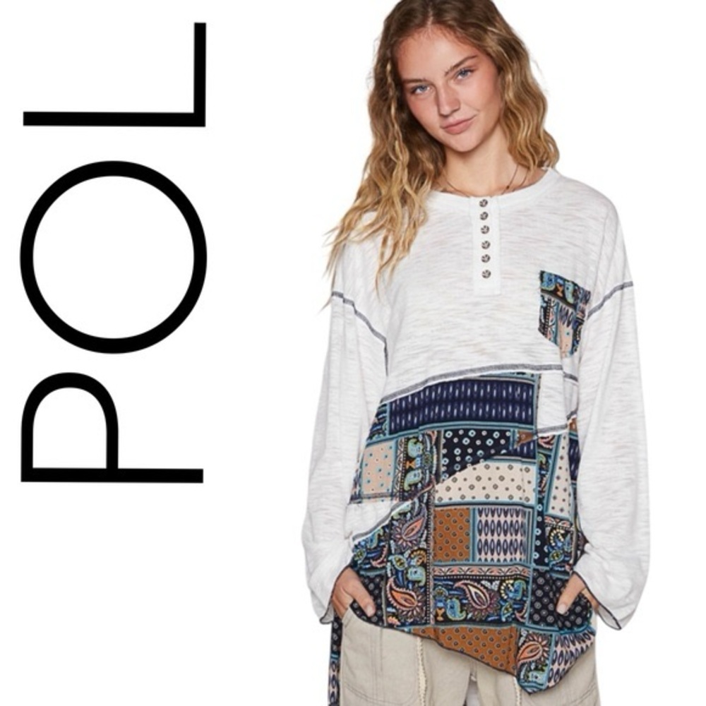Pol Patchwork Asymmetrical Long Sleeve Shirt Tuni… - image 1